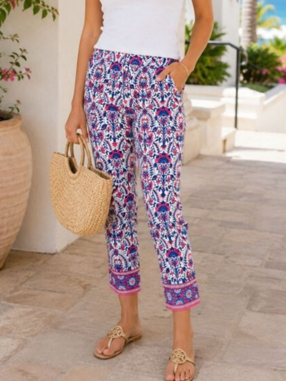 LOFT Marisa Cropped Pant Riviera Stretch Paisley Print Pink Blue Size 10